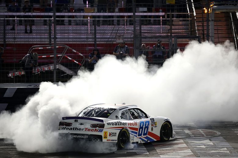 Connor Zilisch does a burnout at Charlotte Roval.