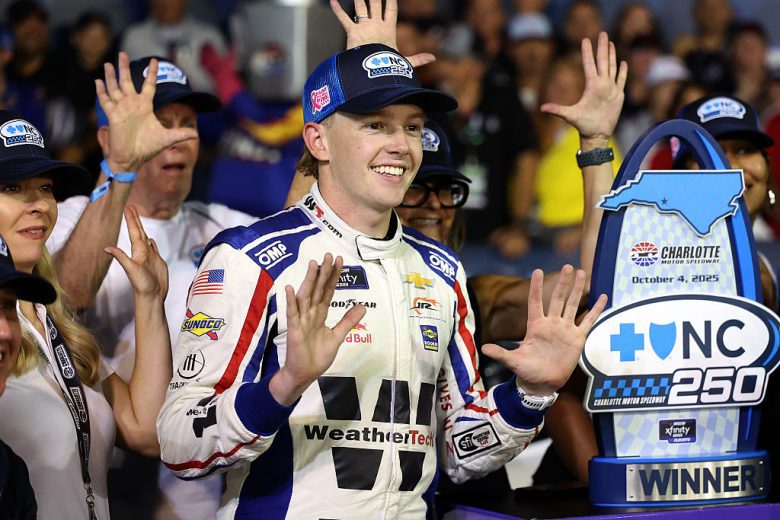 Connor Zilisch celebrates in Victory Lane at Charlotte Roval.