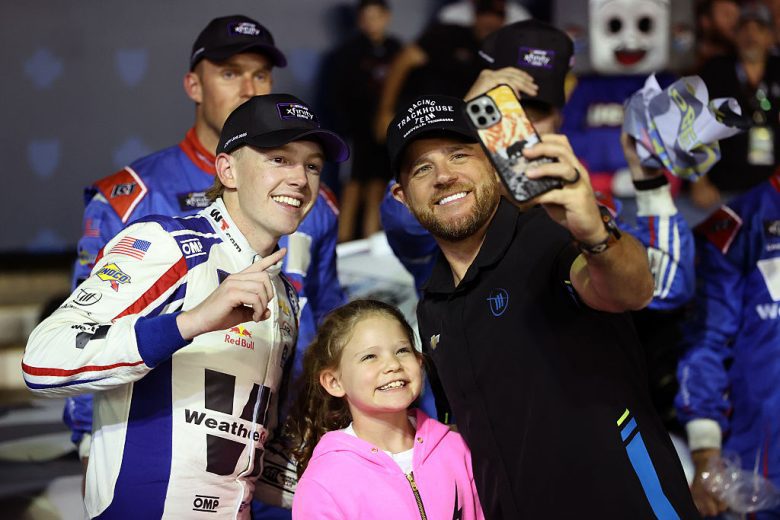 Connor Zilisch and Justin Marks celebrate in Victory Lane at Charlotte Roval.