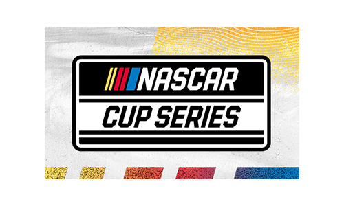 NASCAR Cup Series logo featuring bold text and red, yellow, and blue NASCAR stripes on a textured background. Promo Image