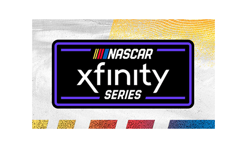 NASCAR Xfinity Series logo featuring bold text and red, yellow, and blue NASCAR stripes on a textured background. Promo Image