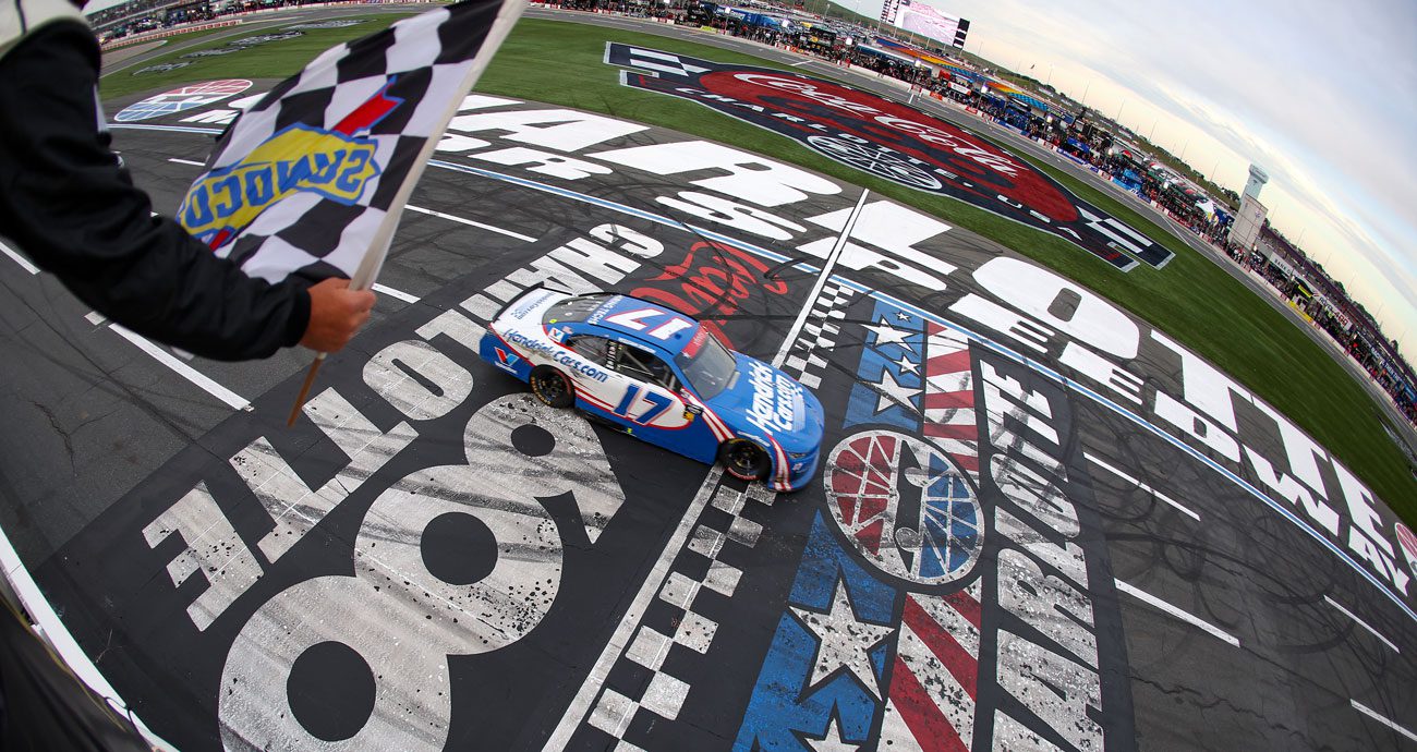The No. 17 Hendrick Motorsports entry driven by William Byron crosses the start/finish line during a NASCAR Xfinity Series race at Charlotte Motor Speedway.