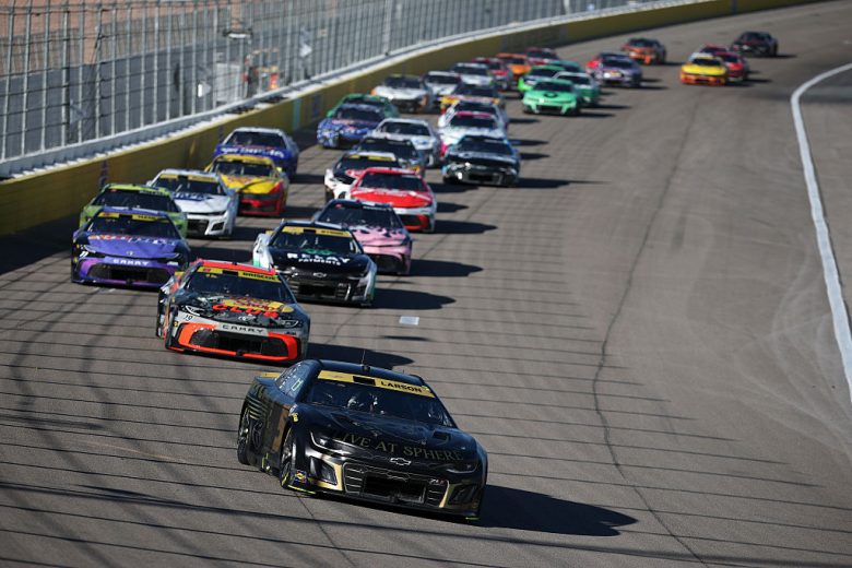 NASCAR Cup Series cars race at Las Vegas Motor Speedway.