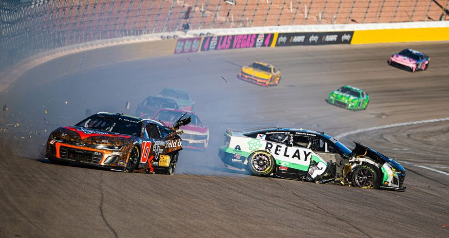 Ty Dillon's No. 10 Chevrolet and William Byron's No. 24 Chevrolet wreck at Las Vegas Motor Speedway.