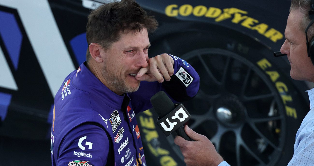 Denny Hamlin cries during a TV interview after winning at Las Vegas.