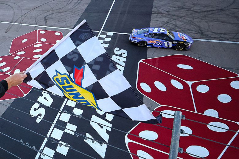 Denny Hamlin crosses the start/finish line at Las Vegas Motor Speedway.