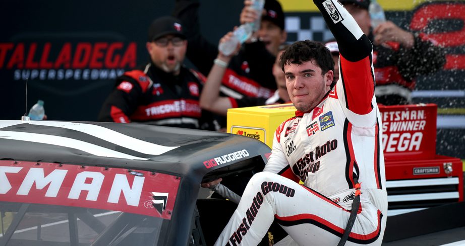 gio ruggiero celebrates his nascar craftsman truck series win at talladega