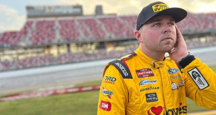 Layne Riggs reacts as he fields post-race questions at Talladega Superspeedway