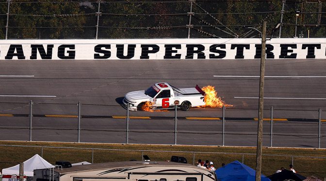 Norm Benning’s truck goes aflame after Talladega engine failure