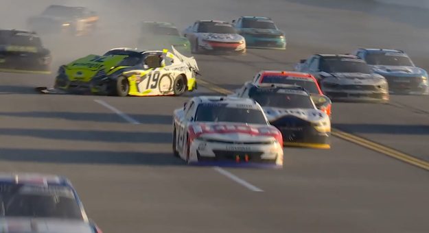 Aric Almirola turned hard into outside wall after contact with Sammy Smith