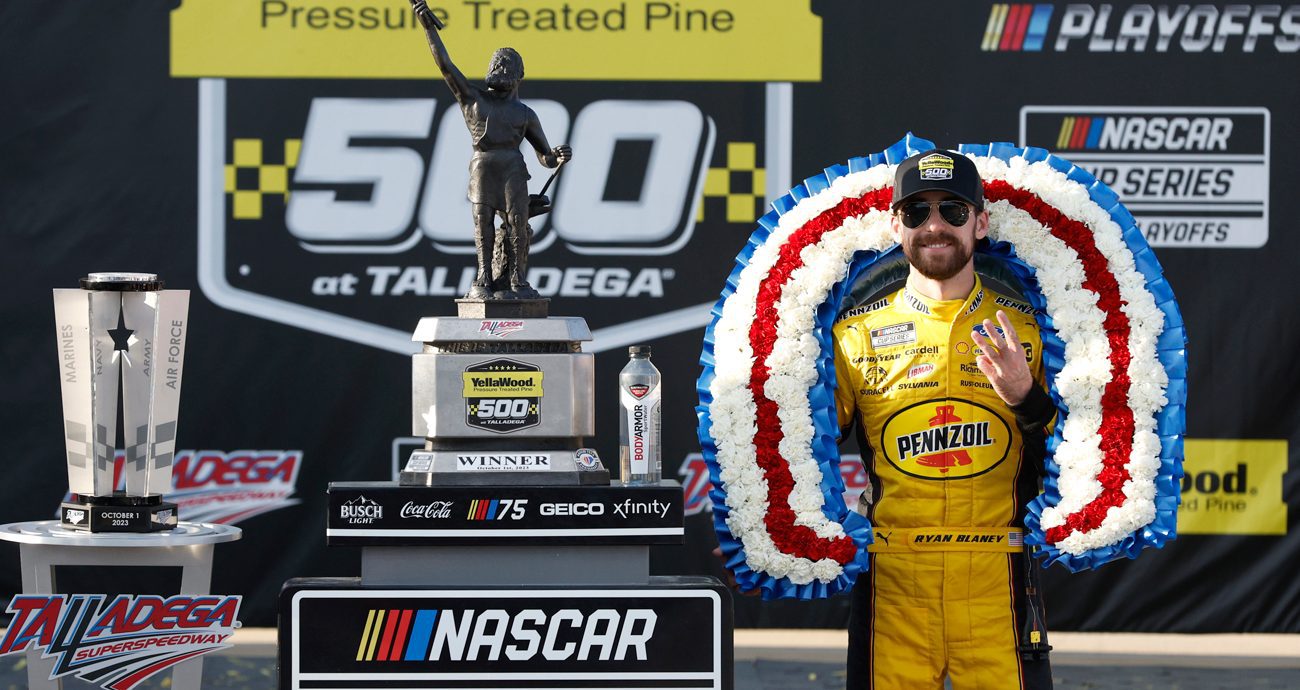Ryan Blaney in Victory Lane at Talladega on Oct. 1, 2023.