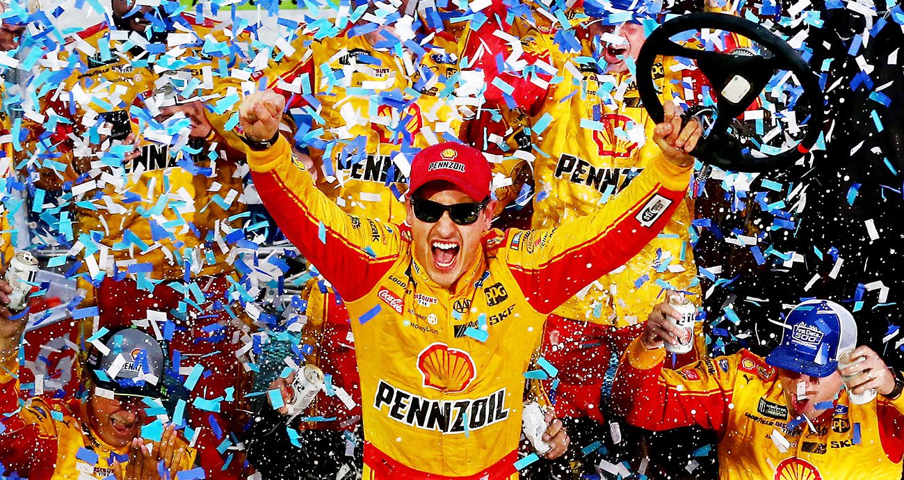 MARTINSVILLE, VA - OCTOBER 28: Joey Logano, driver of the #22 Shell Pennzoil Ford, celebrates in Victory Lane after winning the Monster Energy NASCAR Cup Series First Data 500 at Martinsville Speedway on October 28, 2018 in Martinsville, Virginia. 