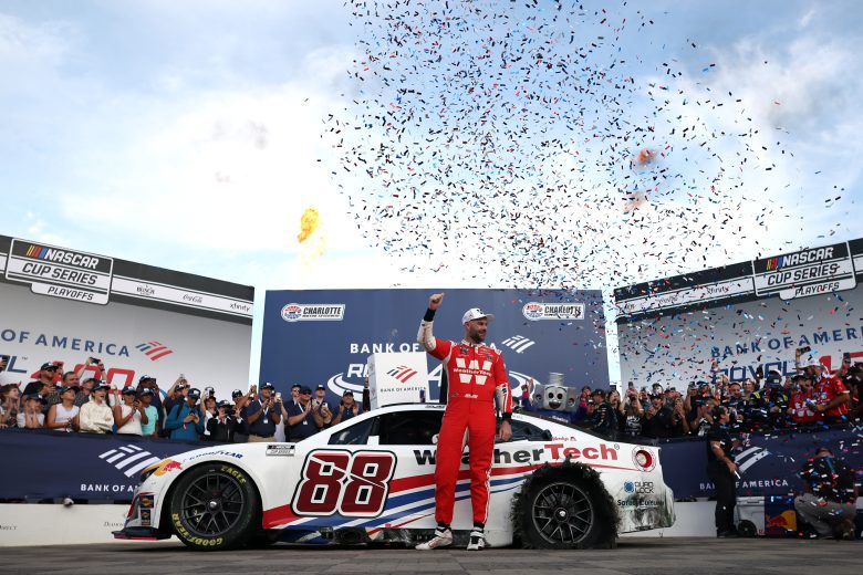 CONCORD, NORTH CAROLINA - OCTOBER 05: Shane Van Gisbergen, driver of the #88 WeatherTech Chevrolet, celebrates in victory lane after winning the NASCAR Cup Series Bank of America ROVAL 400 at Charlotte Motor Speedway on October 05, 2025 in Concord, North Carolina.
