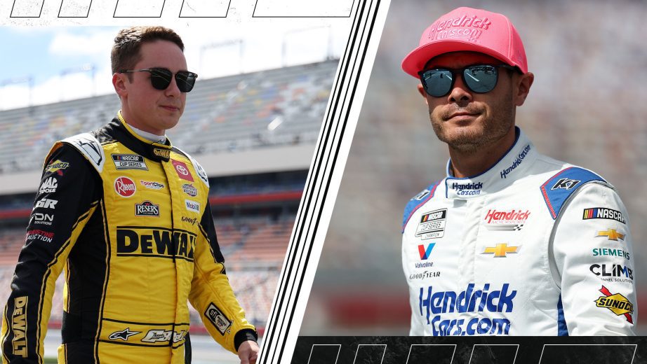 A split image depicting Christopher Bell (L) and Kyle Larson (R).