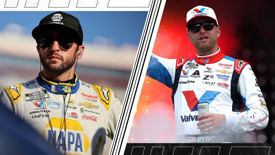 A split image depicting Chase Elliott (L) and William Byron (R).
