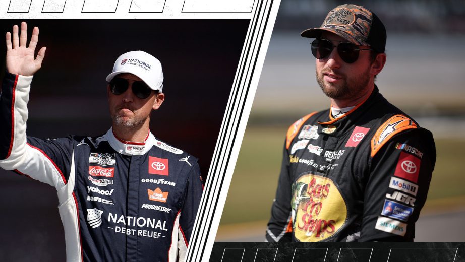 A split image depicting Denny Hamlin (L) and Chase Briscoe (R).