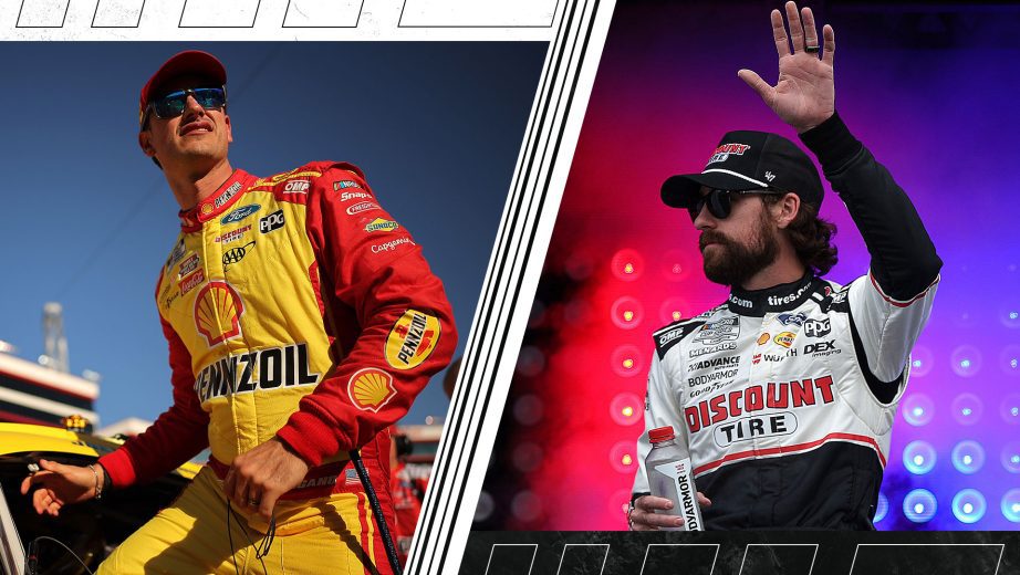 A split image depicting Joey Logano (L) and Ryan Blaney (R).