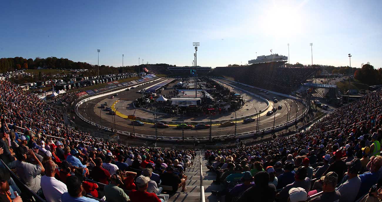 Cup Series cars work their way through Turns 3 and 4 at Martinsville Speedway.