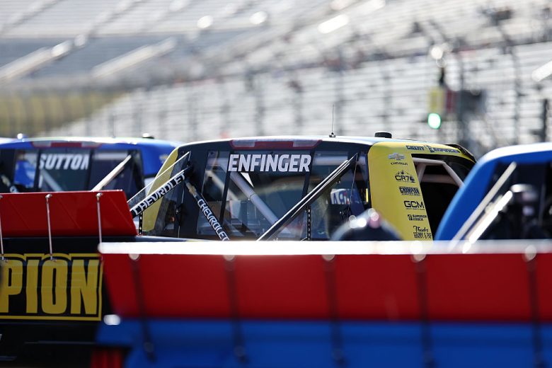 A general view of trucks on pit road at Martinsville.