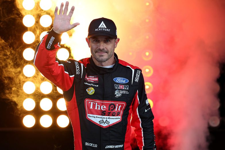 Casey Mears waves to fans at Martinsville.