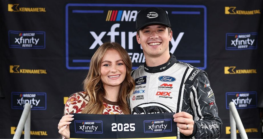 Harrison Burton and wife Jenna celebrate his pole at Martinsville.