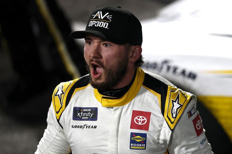 Taylor Gray celebrates after winning at Martinsville.