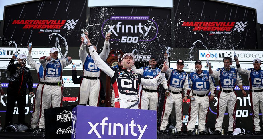 byron celebrates in victory lane