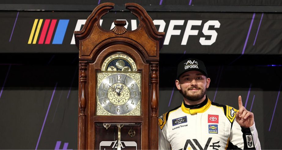 Taylor Gray celebrates after winning at Martinsville.