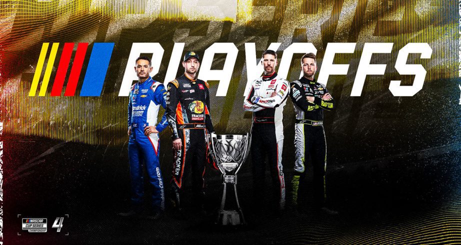 A graphic of Kyle Larson, Chase Briscoe, Denny Hamlin and William Byron as the Championship 4