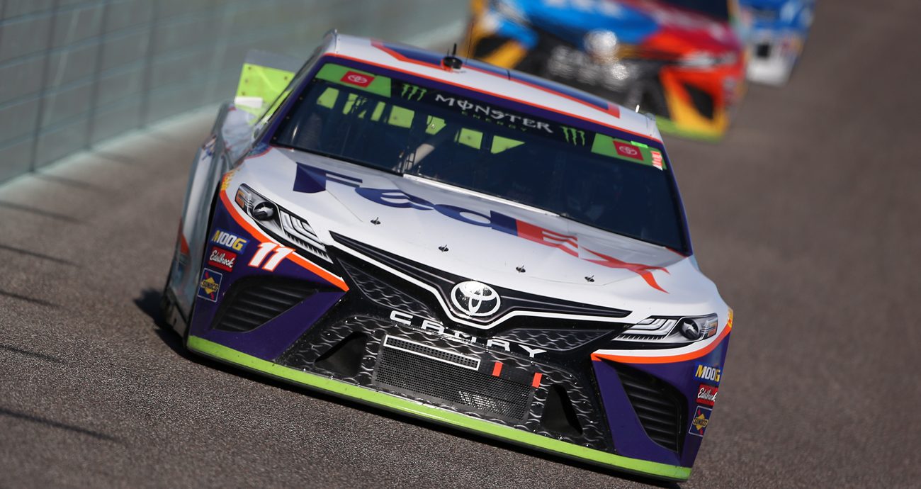 Denny Hamlin leads a pack of cars during the NASCAR Cup Series Ford EcoBoost 400 at Homestead-Miami000 Speedway on Nov. 17, 2019 in Homestead, Florida.