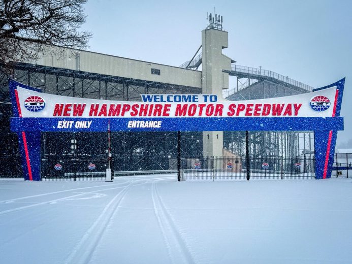 Snow scenes from New Hampshire Motor Speedway.