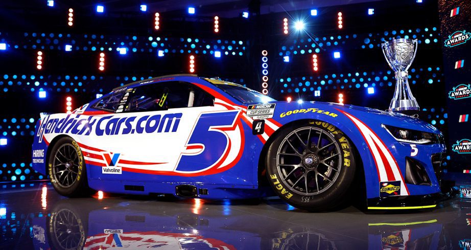 kyle larson's car sits on stage