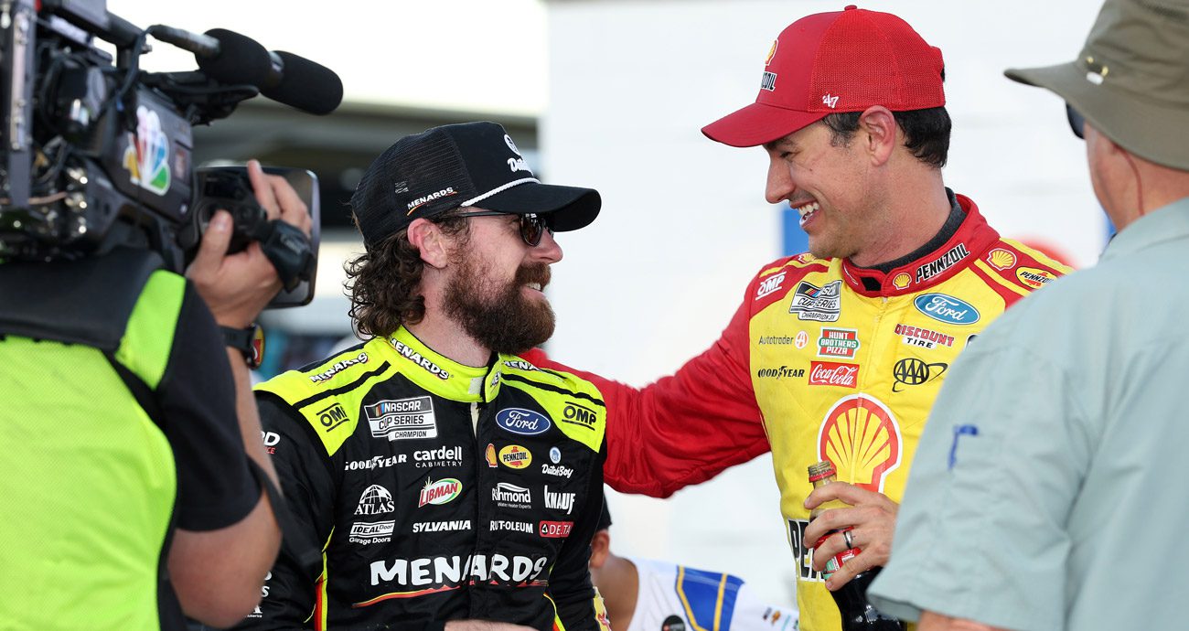 Ryan Blaney is congratulated by Joey Logano after winning at Phoenix.