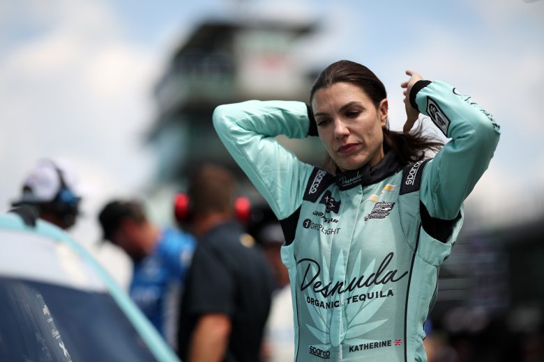 Katherine Legge gets ready for race.