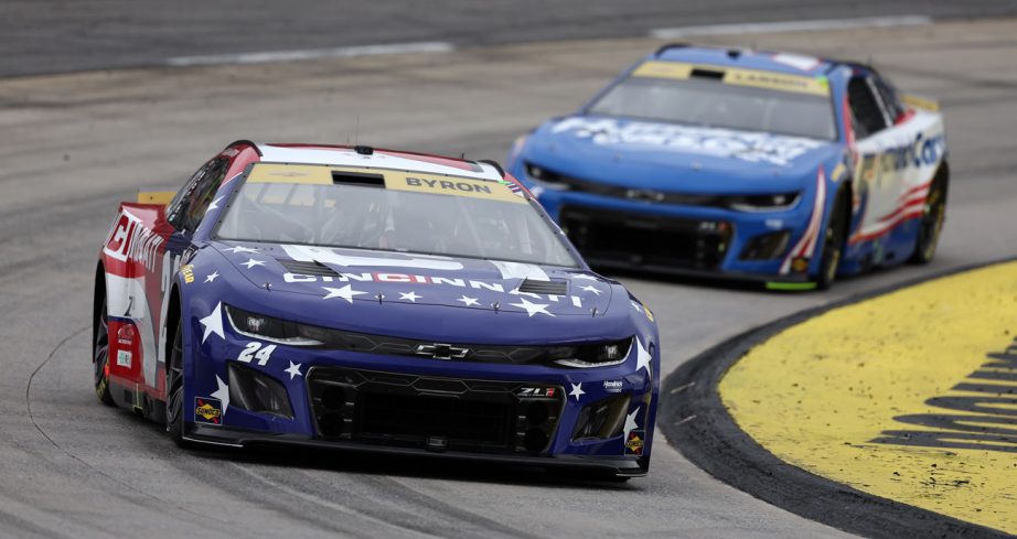 William Byron, in the No. 24 Hendrick Motorsports Chevrolet, races ahead of Kyle Larson in the No. 5 Hendrick Motorsports Chevrolet at Martinsville Speedway.