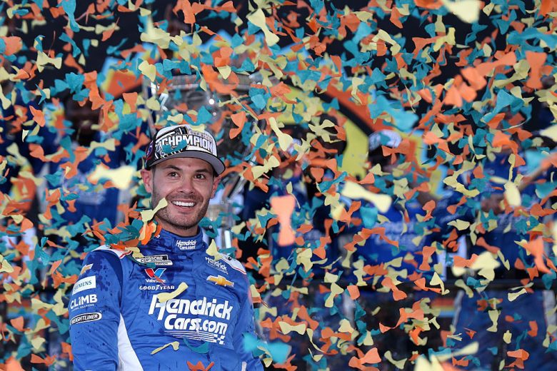 Kyle Larson celebrates.