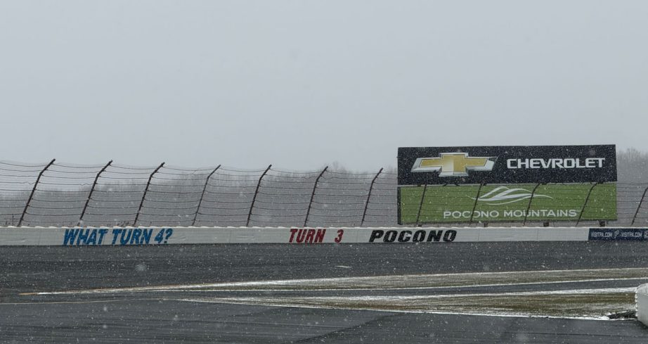 A view of Turn 3 at Pocono Raceway as snow falls.