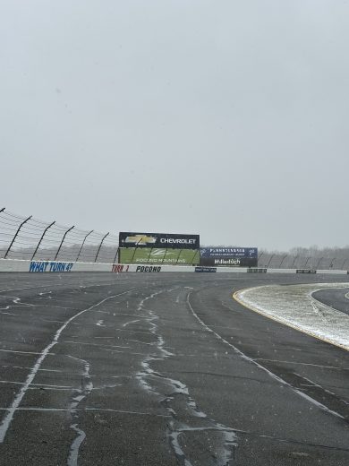 A view of Turn 3 at Pocono Raceway as snow falls.