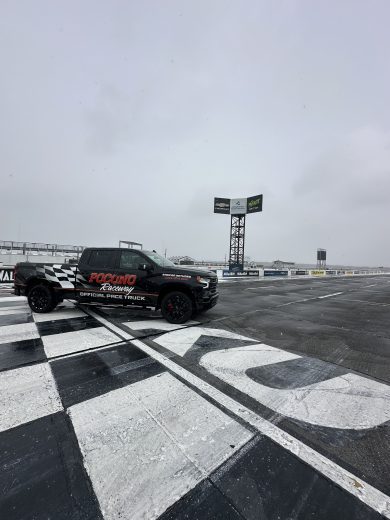 A view of the start/finish line at Pocono Raceway as snow falls.