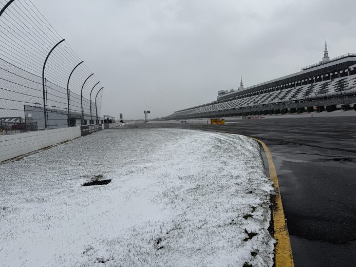 A view of the frontstretch at Pocono Raceway as snow falls.