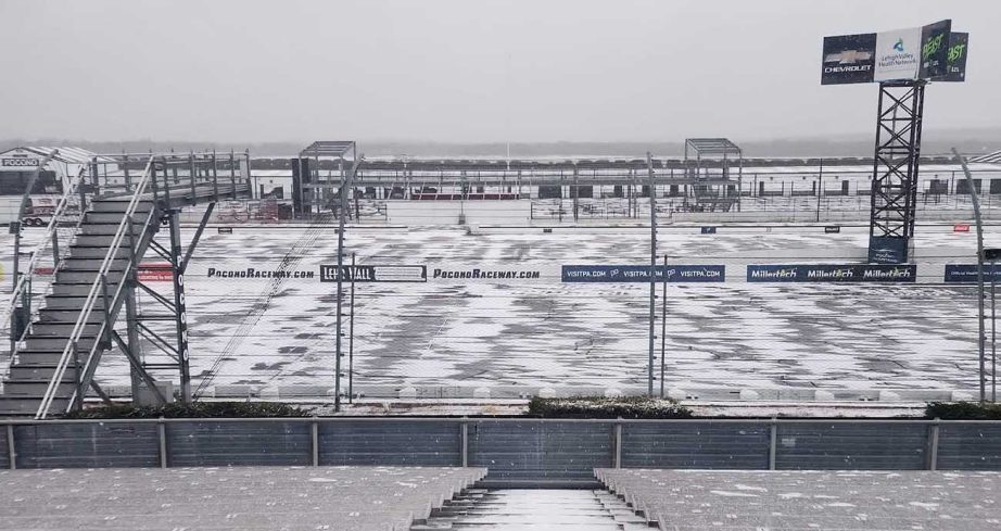 A view of the Pocono Raceway frontstretch in an early season snowfall