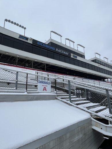 A view of the Richmond Raceway grandstands with snow.