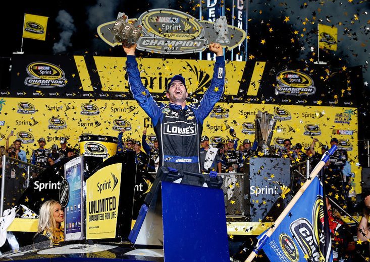 Jimmie Johnson celebrates.