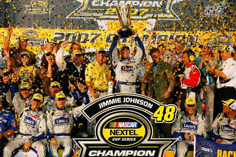 Jimmie Johnson celebrates.