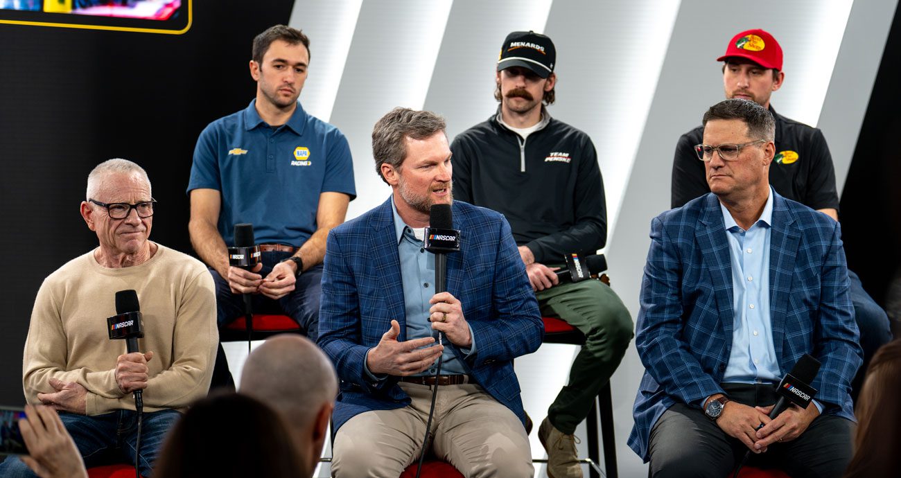Dale Earnhardt Jr. speaks on a NASCAR panel to announce the return of The Chase.