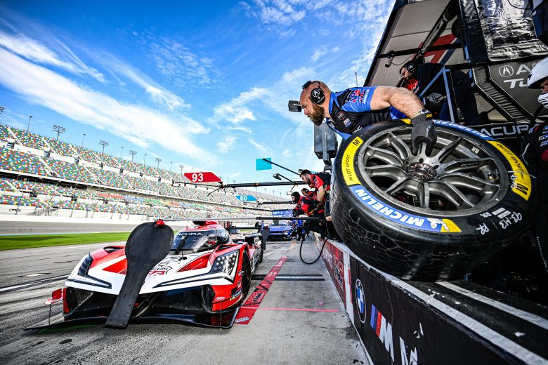 The No. 93 Meyer Shank Racing Acura GTP sits on pit road at Daytona.