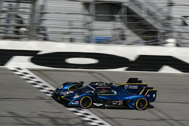 The No. 23 Aston Martin THOR Team Aston Martin drives at Daytona.