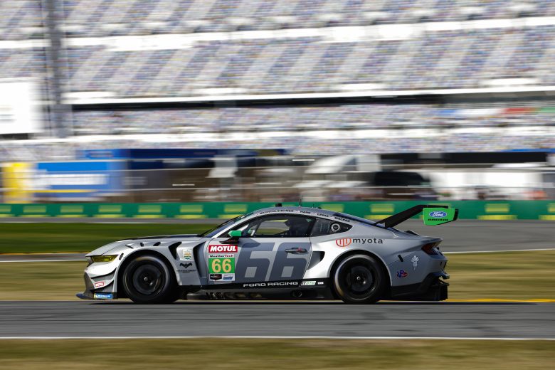 The No. 66 Gradient Racing Ford drives at Daytona.