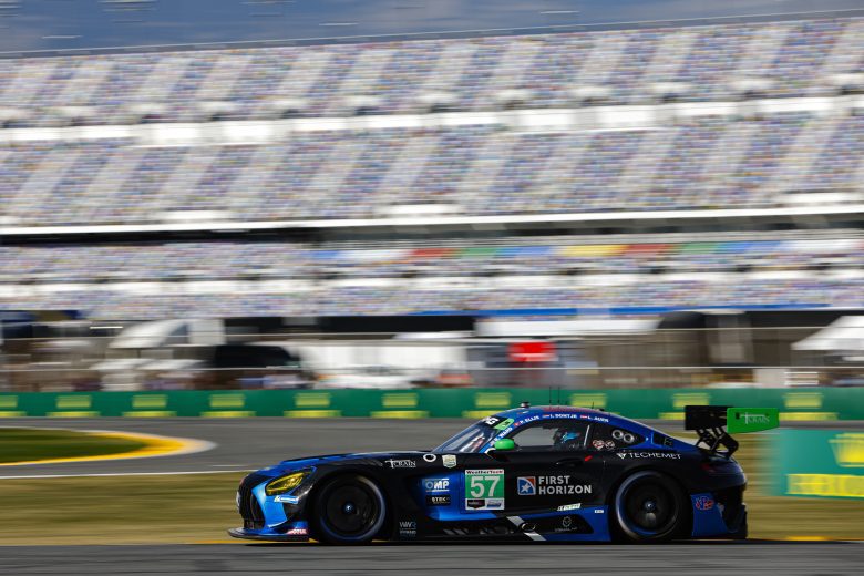The No. 57 Winward Racing Mercedes drives at Daytona.