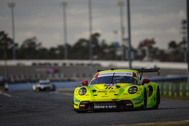 The No. 911 Manthey Racing Porsche drives at Daytona.